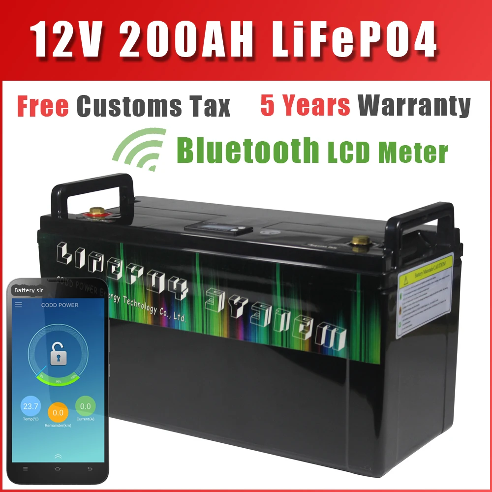 12V LiFePO4 Battery 200Ah Bluetooth BMS LCD Waterproof Batteries 4000 Cycles RV Campers Off-Road Off-grid Solar Energy Golf Cart