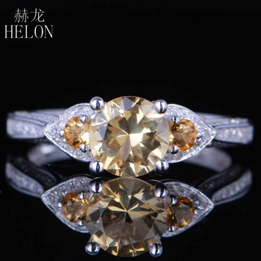 

HELON Solid 14K White Gold Flawless Round 6mm &2.4mm Genuine Citrine Diamond Engagement Wedding Women Fine Jewelry Gemstone Ring