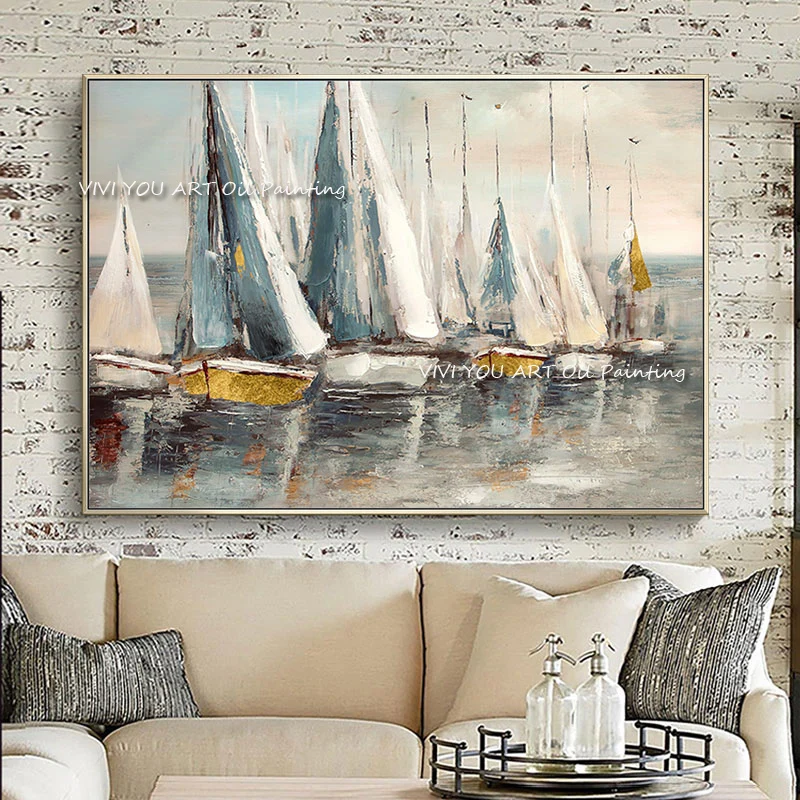 

Abstract oil painting sailboat on the sea 100% Handmade picture wall decor for living room indoor home decoration no framed