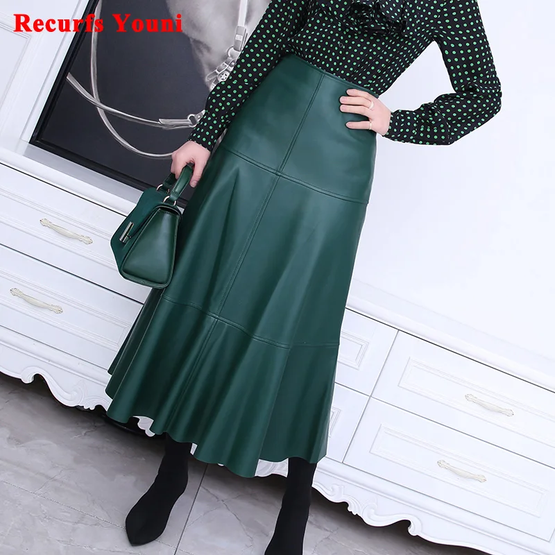 Maxi Skirt Women Female Harajuku Chic Genuine Leather 80cm Long Fishtail Jupe Mujer Green/Burgundy Extraordinary Mermaid Faldas