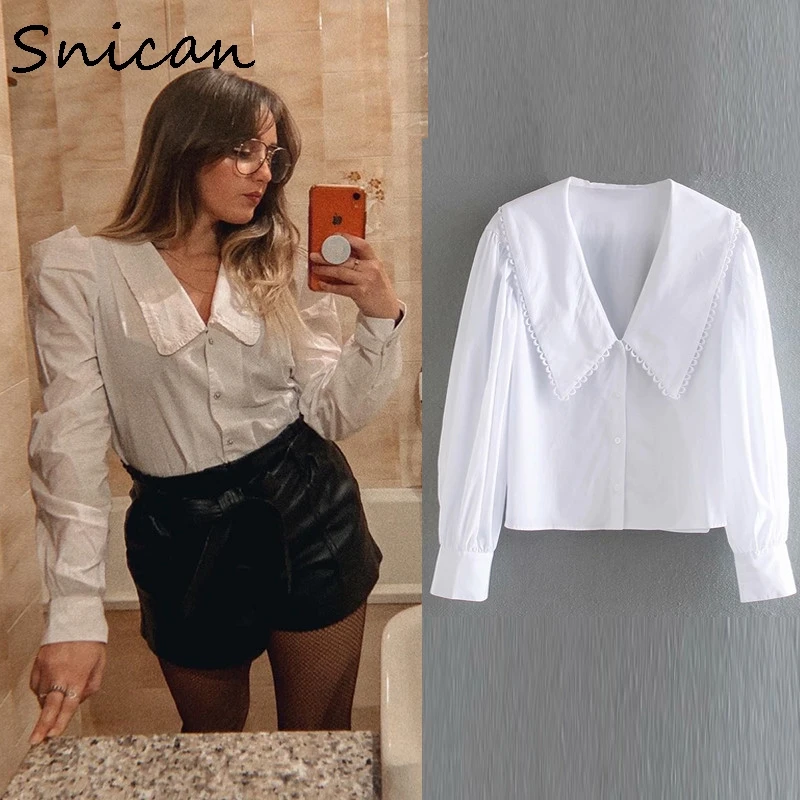 Snican-Blusa básica blanca para mujer, Camisa de algodón de manga larga con cuello peter pan, uniforme de oficina, Tops cortos Chic para otoño y