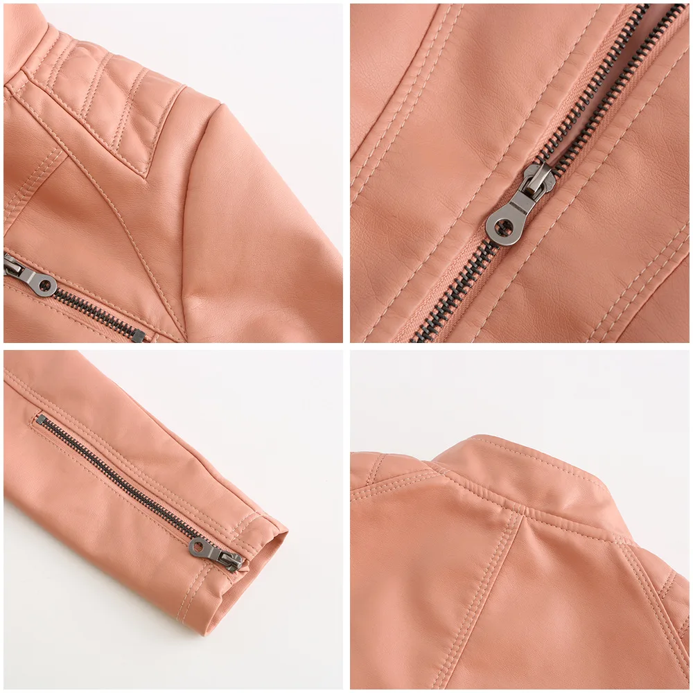 Spring New Casual Women Leather Jacket Stand Collar Slim Fit Short PU Leather Coat Solid Classic Female Outerwear