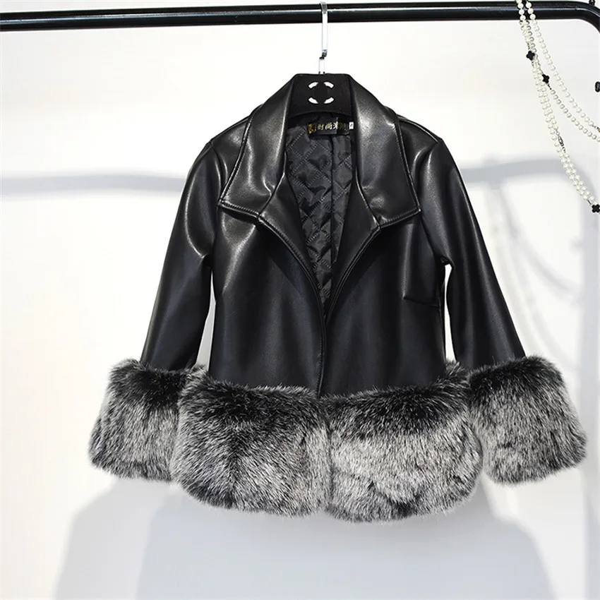 Fashion Winter Women PU Coat Slim Short Fox Leather Jacket With Fur Female Big Size Faux Soft Leather Cotton-padded Coats WZ1014