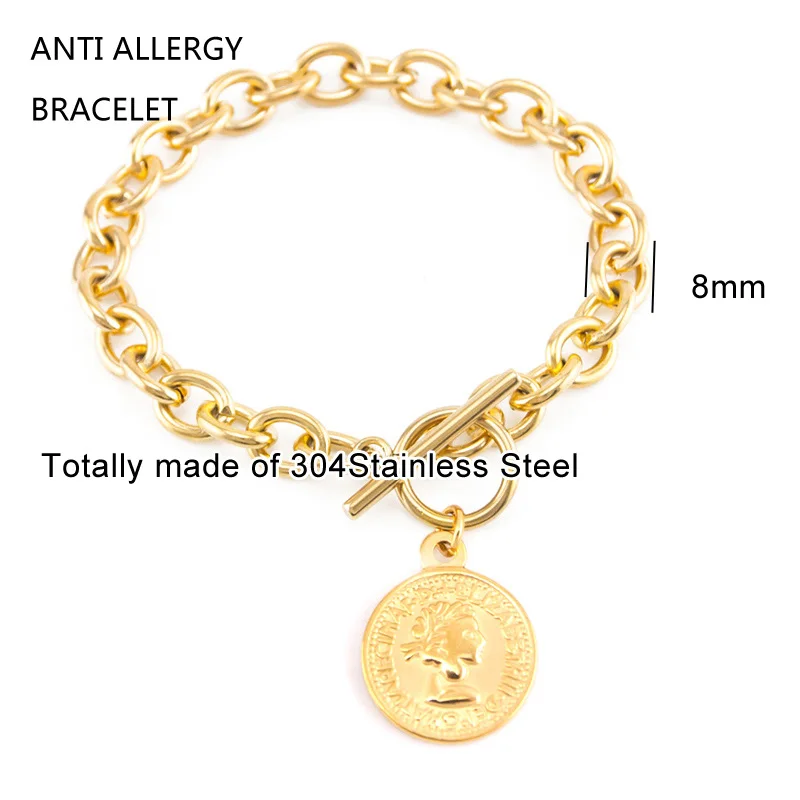 Women Bracelet Lucky Coin Charm Stainless Steel Toggle Clasps Gift Bangles