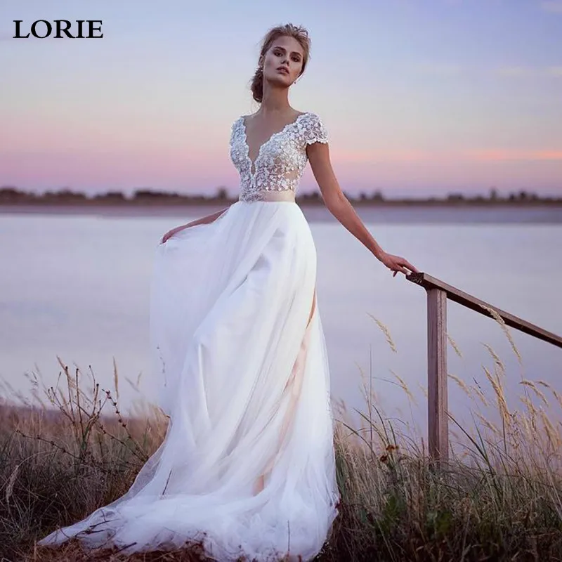 

LORIE Boho Wedding Dress Cap Sleeve Lace Appliques Bride Dresses With Button Back vestido de noiva Vintage Bridal Gowns 2022