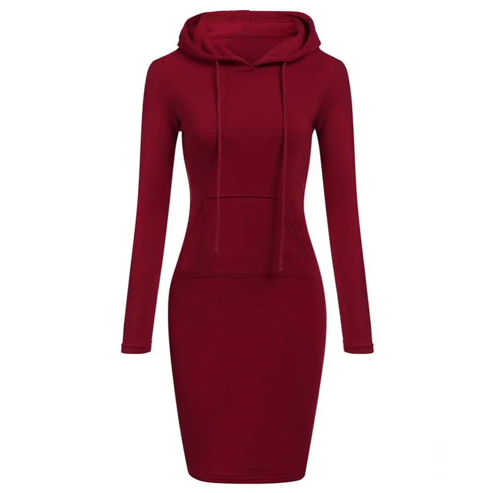 New Autumn Solid Color Women Long Sleeve Pocket Bodycon Hooded Sweatshirt Hoodies Dress Long Sleeve Tunic Dress Top