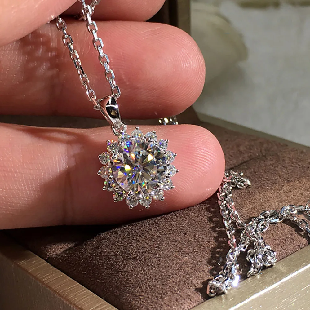 Custom Solid 10K White Gold Women Pendants Necklaces Moissanite Diamond 0.5 1 2 3 4 5 Carat Round Sunflower Wedding Engagement