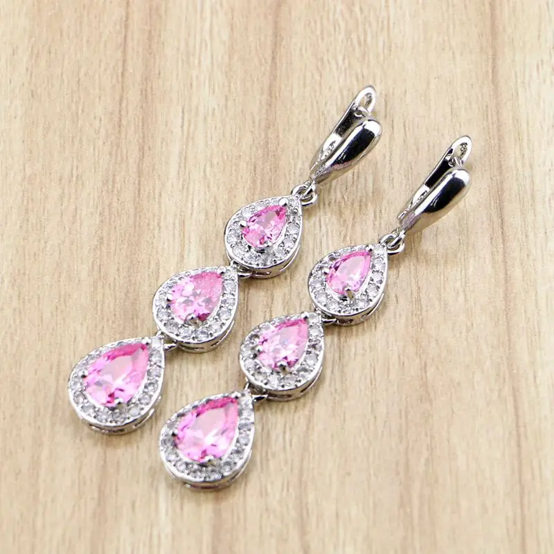 Water Drop Long Earrings Pink Cubic zirconia White CZ Beads 925 Silver Jewelry  Drop Dangle Earring For Women