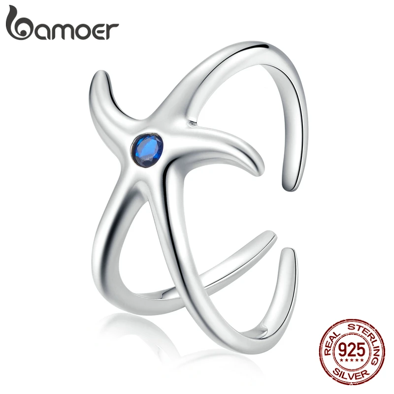 bamoer 925 Sterling Silver Open Ring Starfish Ring CZ Adjustable Ring for Women Trendy Fashion Jewelry Best Gift BSR177