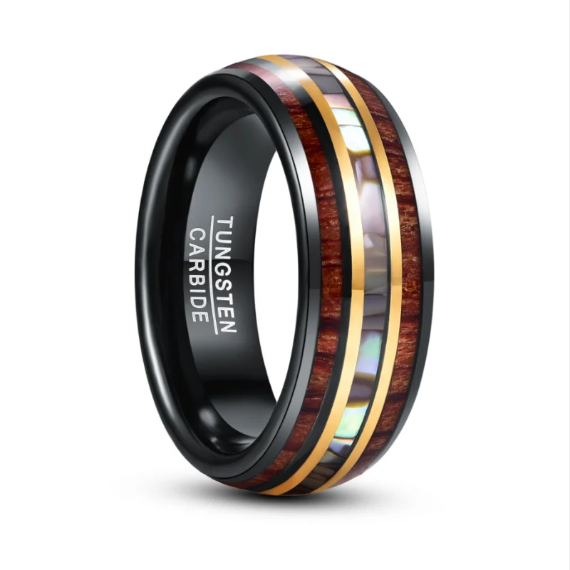 BONLAVIE 8mm Black Gold Inlaid Wood Grain Abalone Shell Tungsten Carbide Men's Ring Fashion Wedding Jewelry