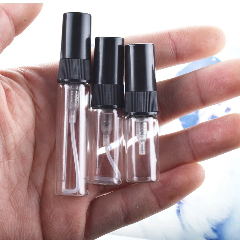 Flcopropriété pulvérisateur en verre noir clair, atomiseur de parfum noir, mini tube à essai d'échantillon, flacons en verre fins, 2ml, 3ml, 5ml, 10ml, 50 pièces par lot