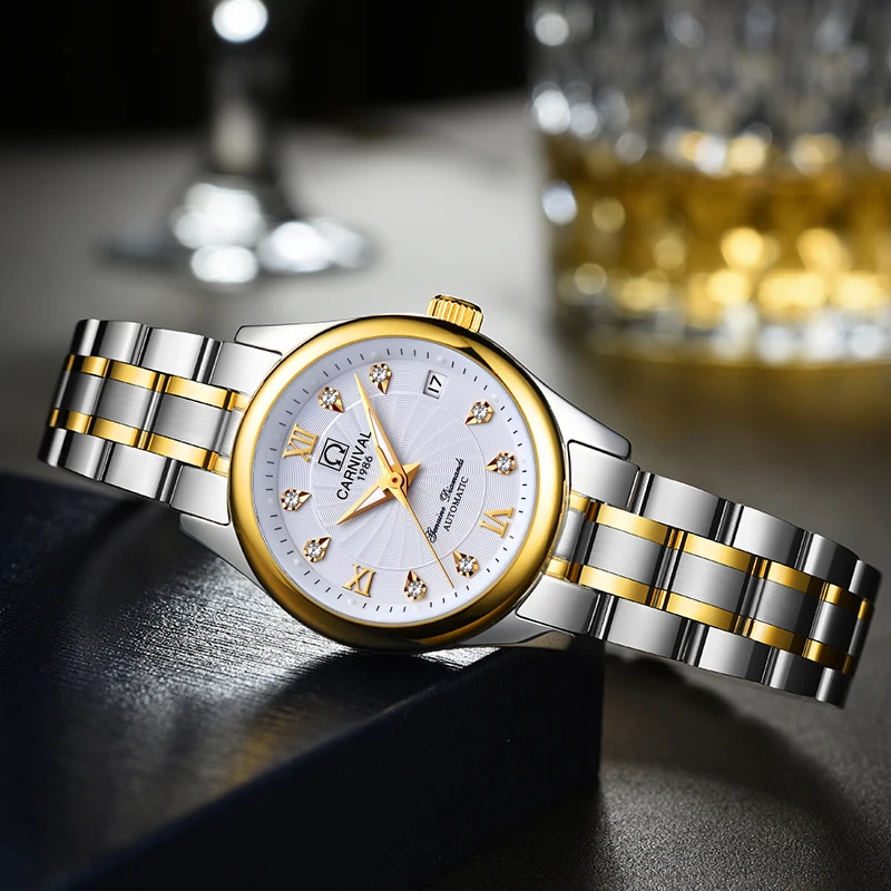 CARNIVAL Brand Dress Watch Ladies Luxury Sapphire Automatic Movement Mechanical Wristwatches Waterproof for Women Reloj Mujer