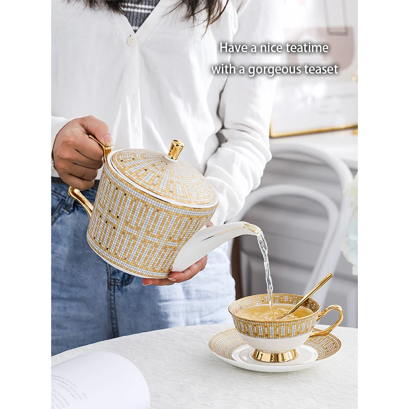 Luxury Bone China Tea Set Royal Porcelain Tea Cup Ceramic Pot Golden Teapot Set Cafe Mug Coffee Cup High-grade Teacup Teaset