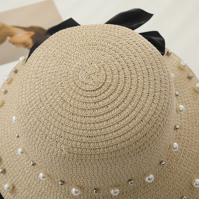 new spring and summer female sunscreen sun hat children bowknot straw hat pearl beach hat traw hat female parent-child hat