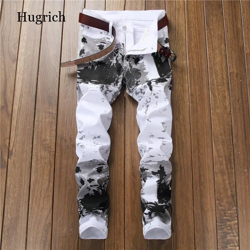 

New Fashion Spring Autumn Men's 3D Printed Jeans Pantalon Hombre Black White Nightclubs Young Skinny Biker Denim Trousers