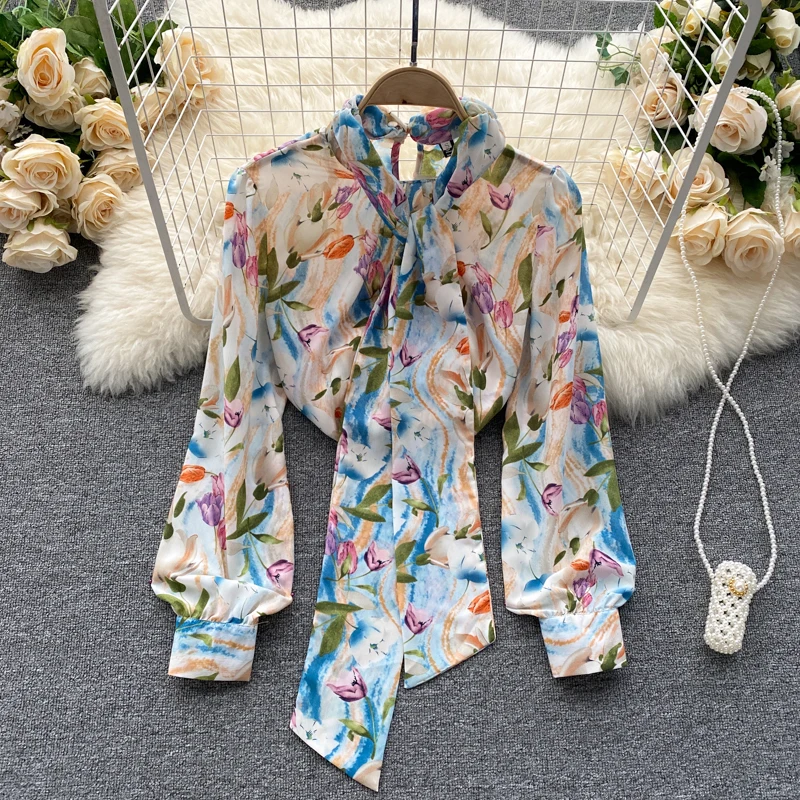 

elegant women front tie shirts autumn full sleeve floral chiffon shirts woman blusas de mujer woman tops