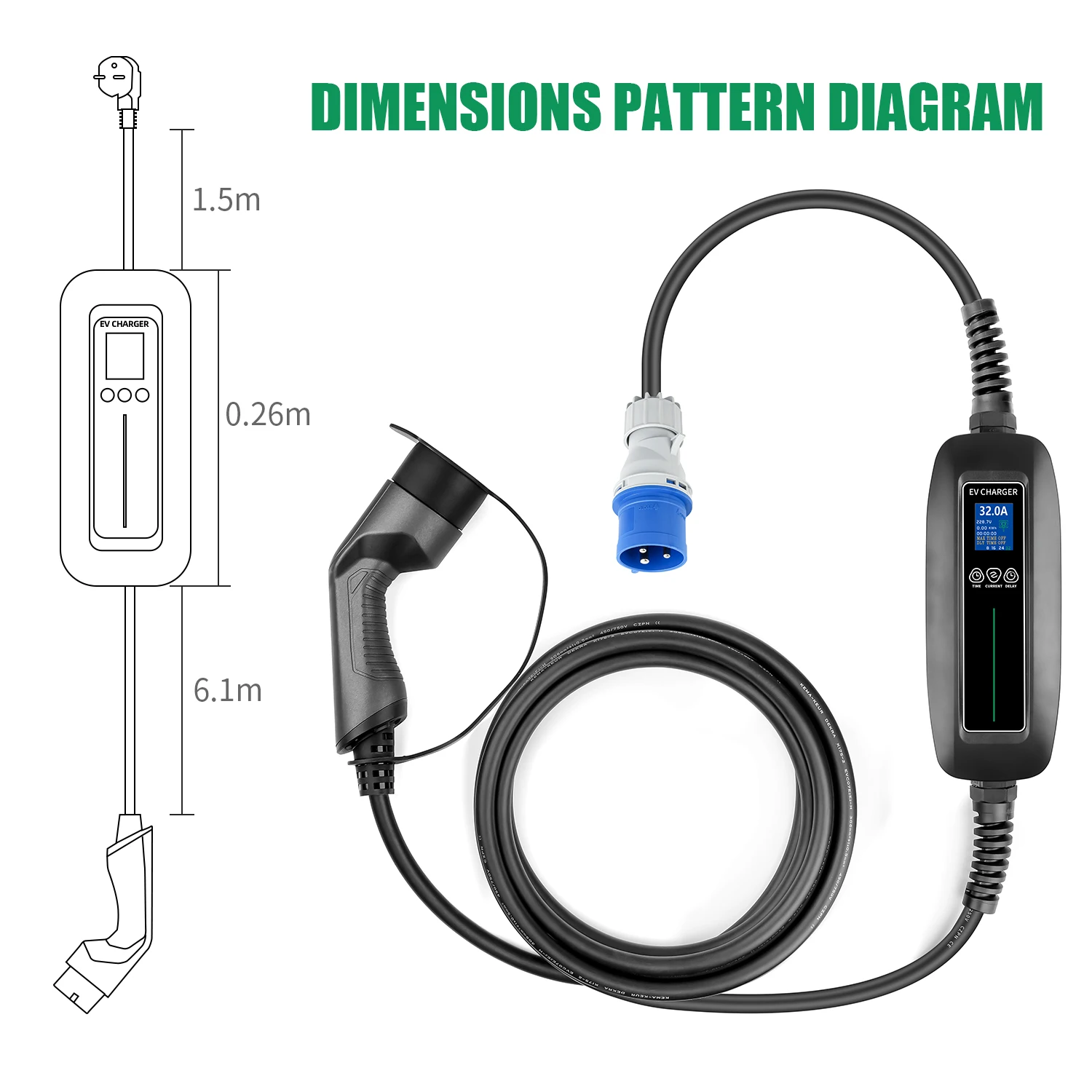 32A 7KW Portable EV Charger Type2 CEE Plug Electric Vehicle Car Charger Charging Case 1 Phase Fast Charging EVSE Cable 7.6M