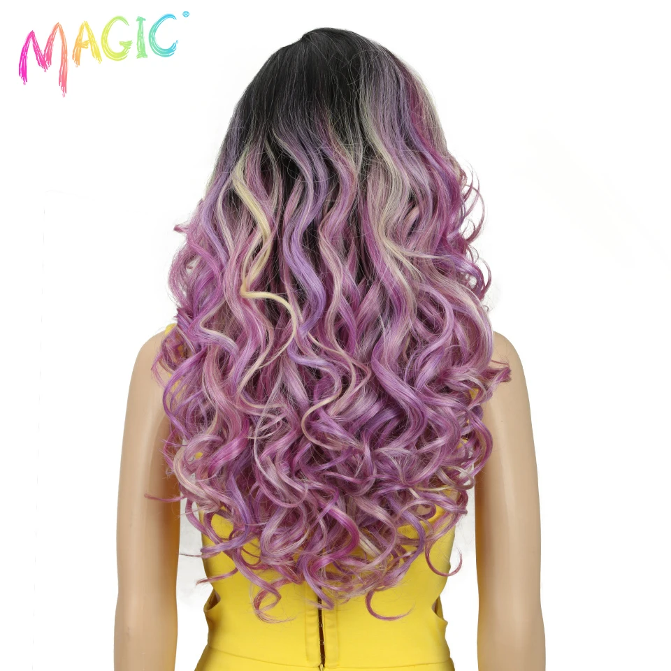 Magic Synthetic Lace Wig Curly Wig 22 Inch Wavy Blonde Grey Pink Purple Heat Resistant Wigs For Black Woman Cosplay Side Part