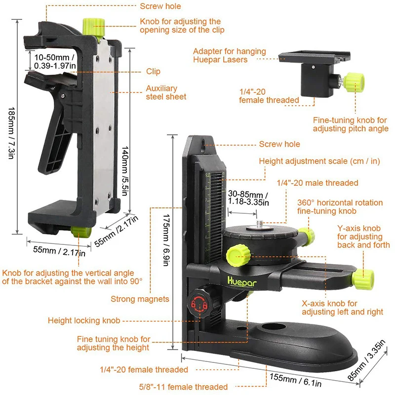 

Huepar Fine-tuning Bracket Laser Level Adapter Multifunctional Magnetic Pivoting Base with Adjustable Clip 360° Adjustable Tool