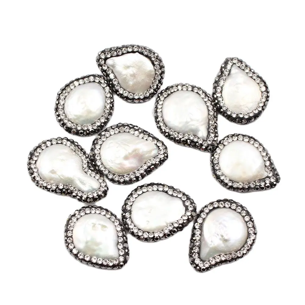 

APDGG Wholesale 10PCS Freshwater Cultured White Coin Keshi Pearl CZ Paved Beads Findings Loose Beads For Women Necklace DIY