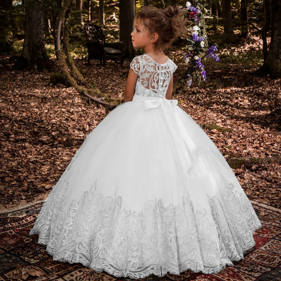 Ball Gown Flower Girl Dresses 2020 Appliques Short Sleeves Kids Princess Dress For Weddings First Communion Dress Pageant Gowns