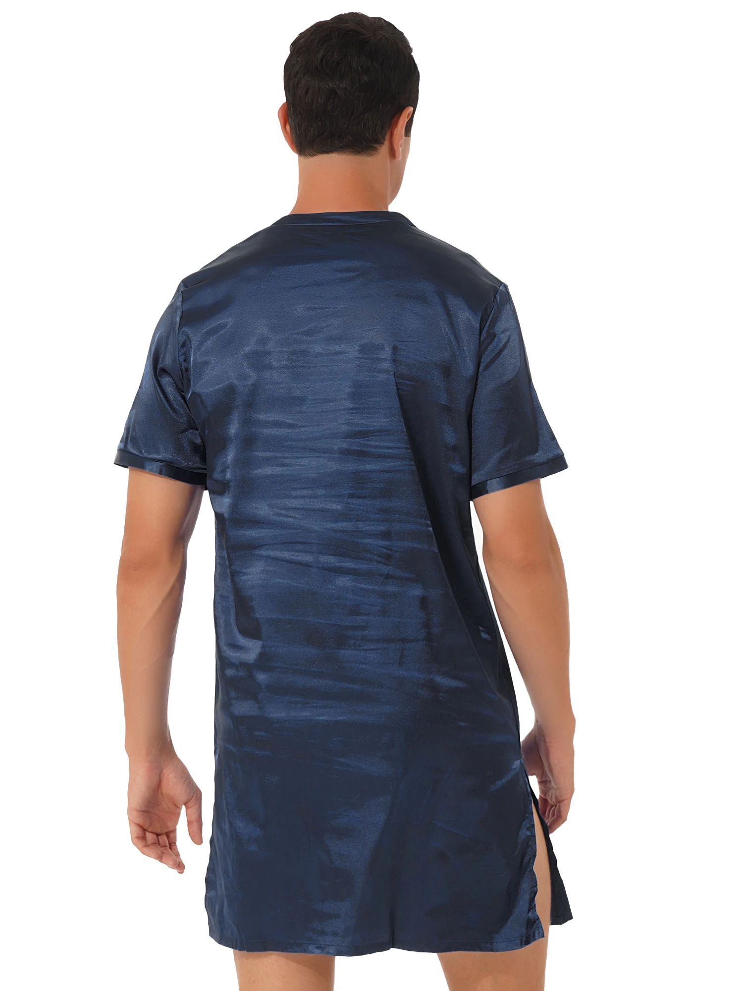 Camisón de satén para hombre, ropa de dormir de manga corta con cuello en V, a la moda, con aberturas laterales, albornoz