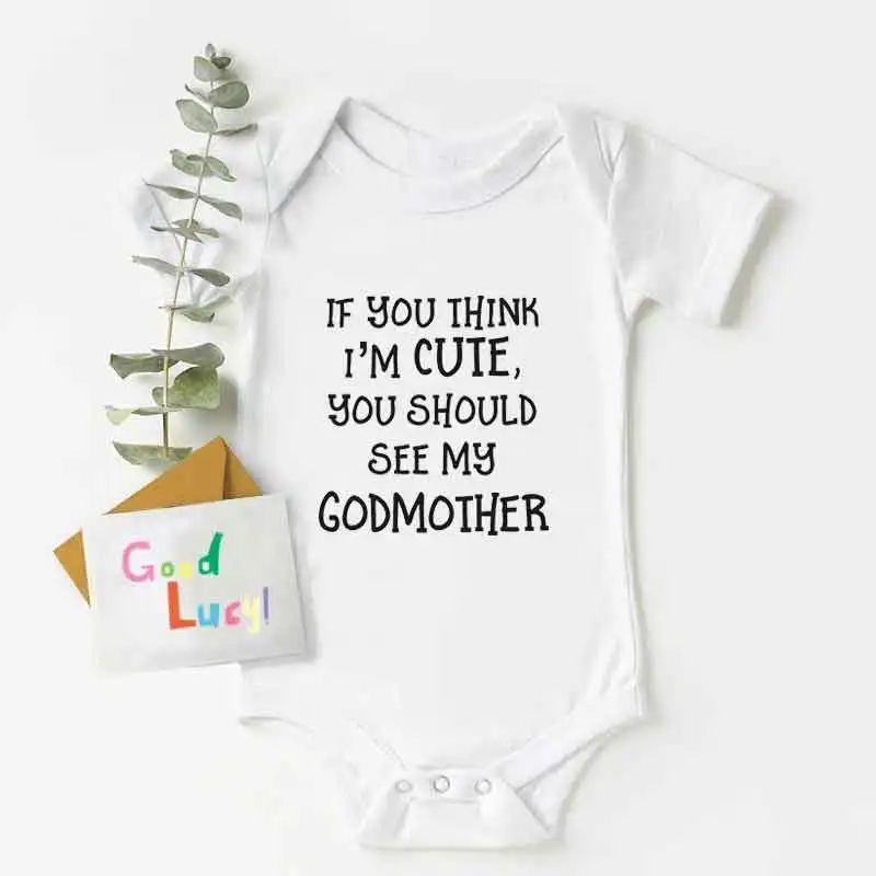 

Newborn Boy Girl Short Sleeve Letter If You Think I'm Cute You Should See My Godfather Romper Outfits Cotton Baby Clothes