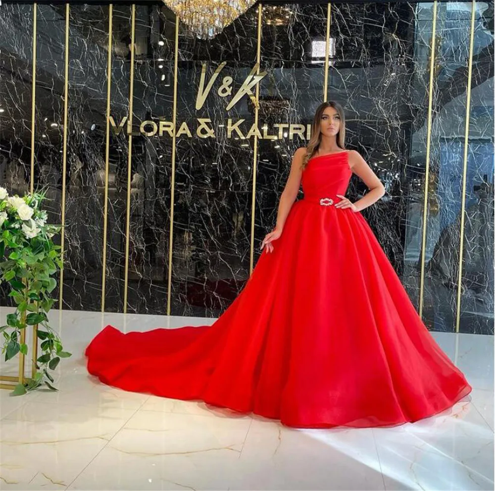 Eeqasn-vestido rojo de tul de un hombro para baile de graduación, Vestidos de fiesta de noche de línea A con cinturón de cristal, vestido Formal para mujer