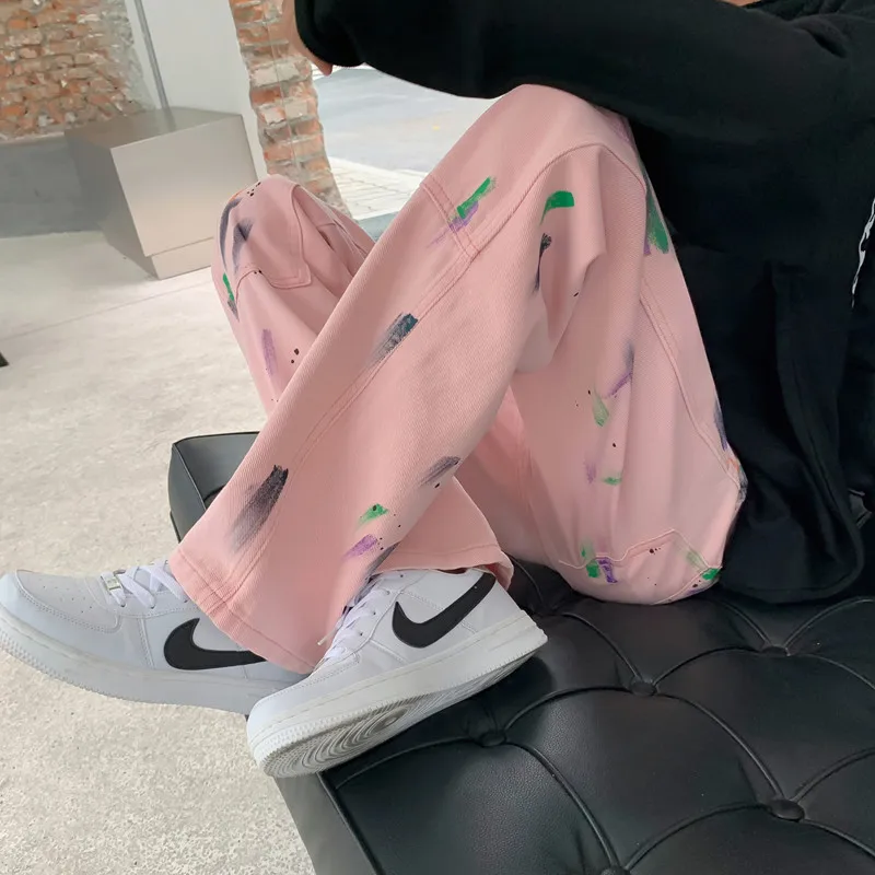 ICCLEK Splash Ink Jeans Men's Fall Loose Casual Straight-leg Pants High Street Sports Pants Men Skinny Jeans  Patchwork Jeans