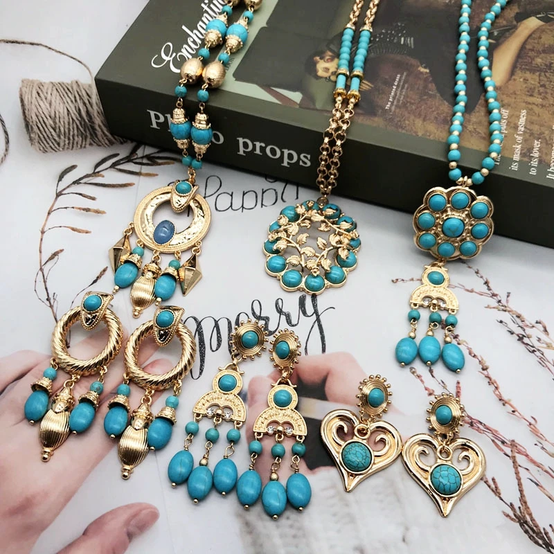 Ethnic Jewelry Marble Stones Statement Chunky Necklace Pendant Long Fashion Bohemian Accessories For Women