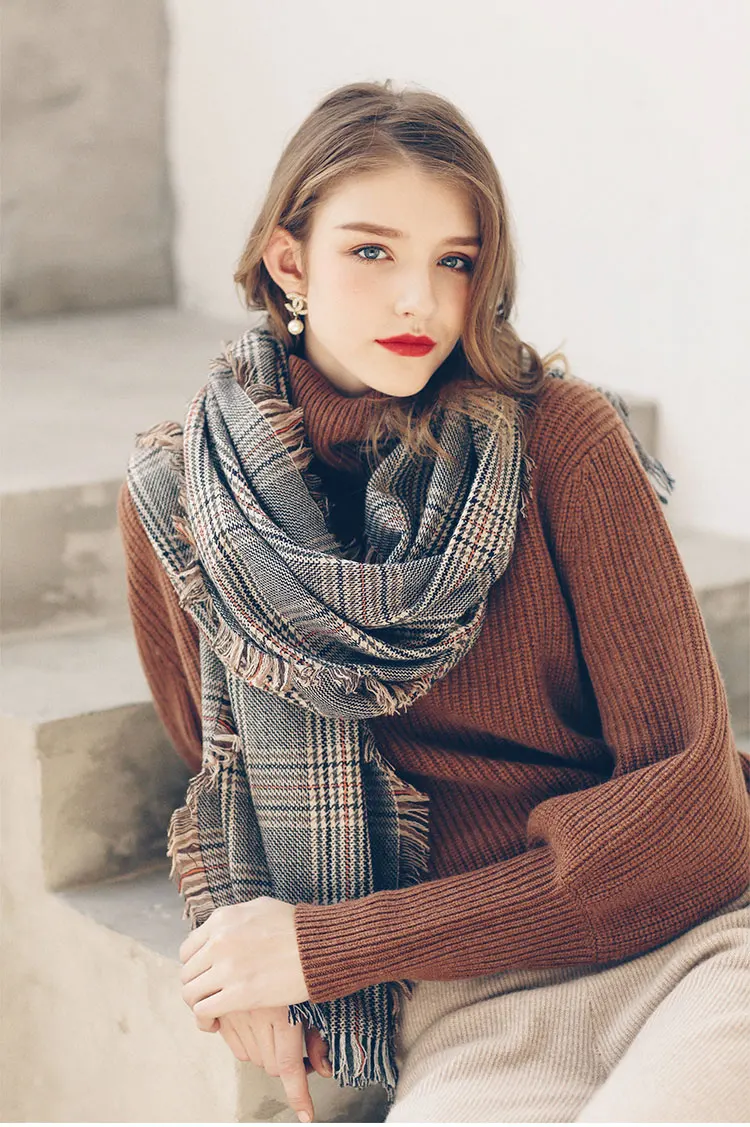 Designer Plaid Frauen Schal Wolle Hahnentritt Warme Lambwool Herbst Winter Schals schals luxus marke neck bandana pashmina Warps – Detail 1