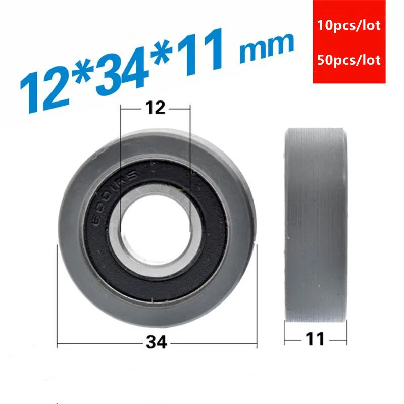 10pcs/50pcs 12*34*11mm flat roller 6001RS 6001 bearing Nylon plastic coated pulley guide wheel low noise 12x34x11