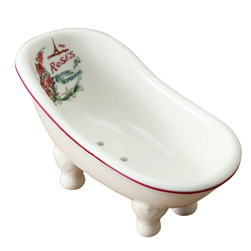 Modern Fashion Draining Hole Soap Box Bathtub Shape Rose Pattern Ceramic Soap Dish Bathroom Artistry Soap Tray Hotel Soap Rack