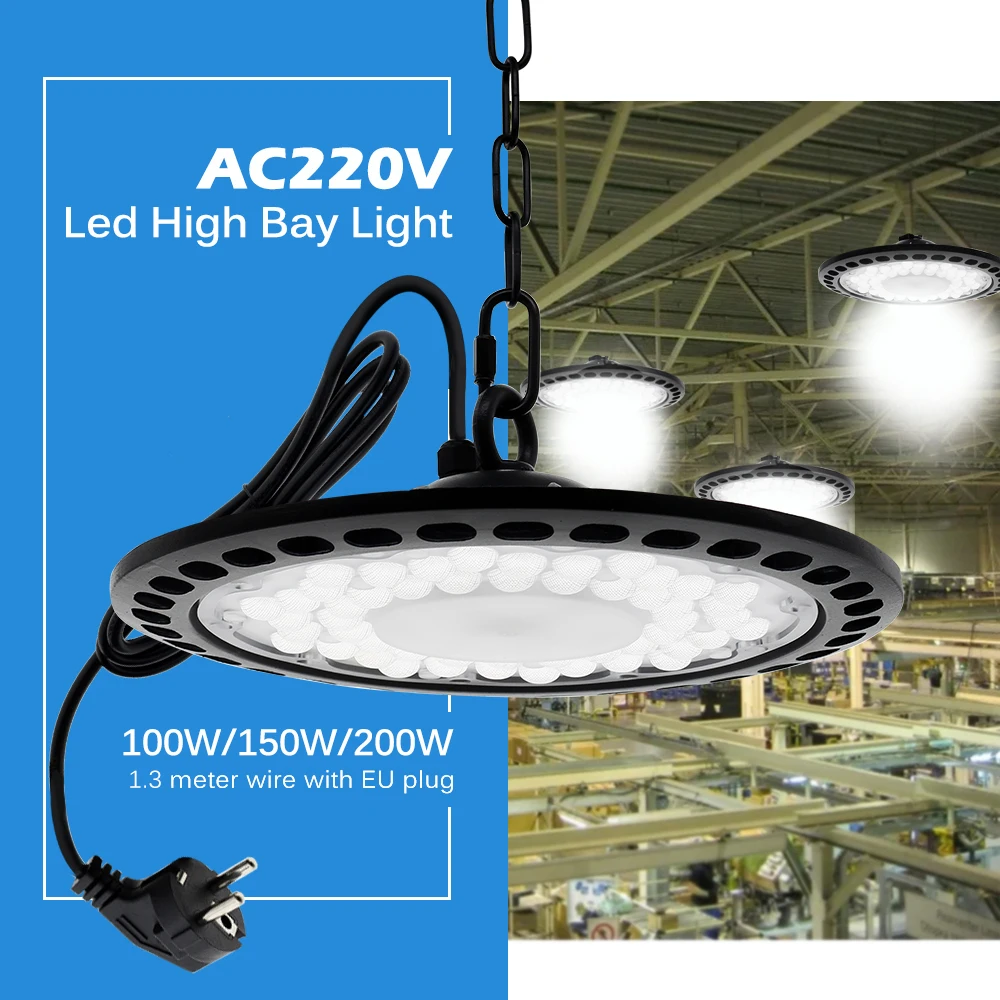 Super Bright LED High Bay Lights 100W 150W 200W Waterproof Commercial Industrial Lighting for Warehouse 220V UFO LED Garage Lamp