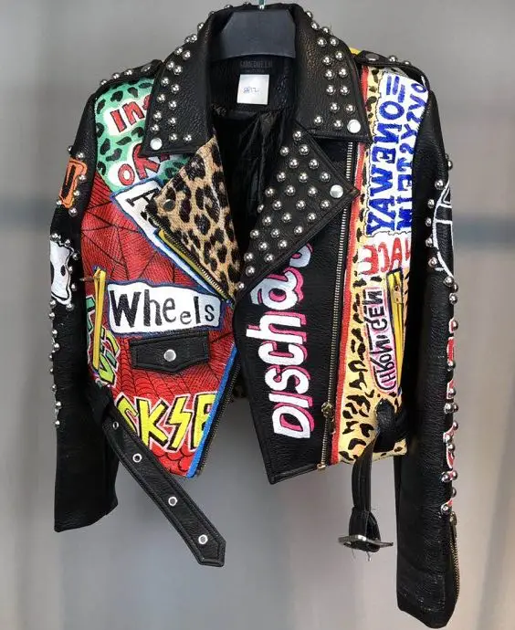 Autumn spring Locomotive graffiti cartoon pu Leather Jacket female Punk Style was thin Motorcyle Jackets Coat with belt F1962