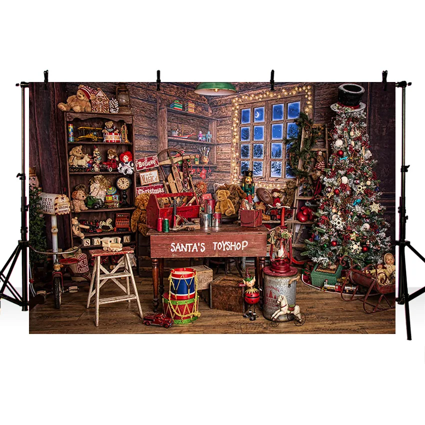 Chúc Giáng Sinh Phông Nền Mùa Đông Cây Santa Của Đồ Chơi Cửa Hàng Gấu Con Ngựa Thành Troia Nền Chụp Ảnh Photostudio Photocall Kiện Trang Trí
