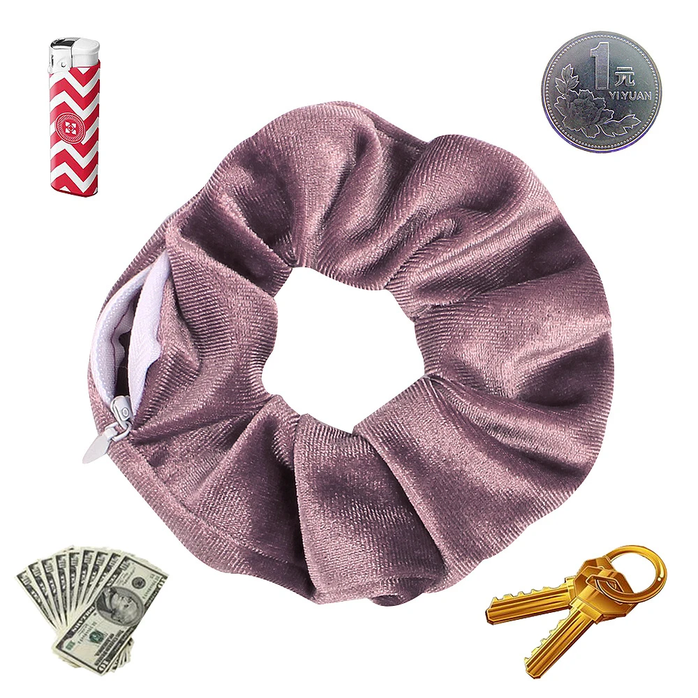 2024 Spring Sweet Zip Scrunchies Women Velvet Winter Hair Tie Pocket Hair Styling Chouchou Vintage Scrunchy Wholesale 4pcs/set