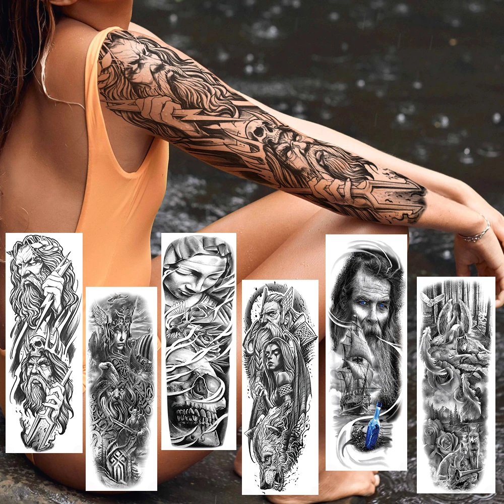 3D Full Arm Warrior Temporary Tattoos Realistic Fake Buddha Skull Tattoo Body Art Sleeve For Men Women Tatoos Sticker Long Size