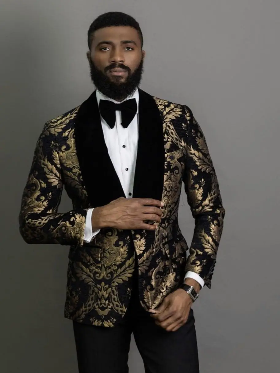 Traje informal para hombre, Blazer negro dorado con estampado Floral, esmoquin de Tweed para baile de graduación, chaqueta de fiesta, pantalones, pajarita, boda