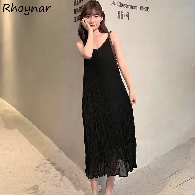 

Dress Womens Summer New Chic Fit Tender Sweet Pleated Spaghetti Trendy Soft Simple Solid Korean Style Elegant Vintage Pure Daily