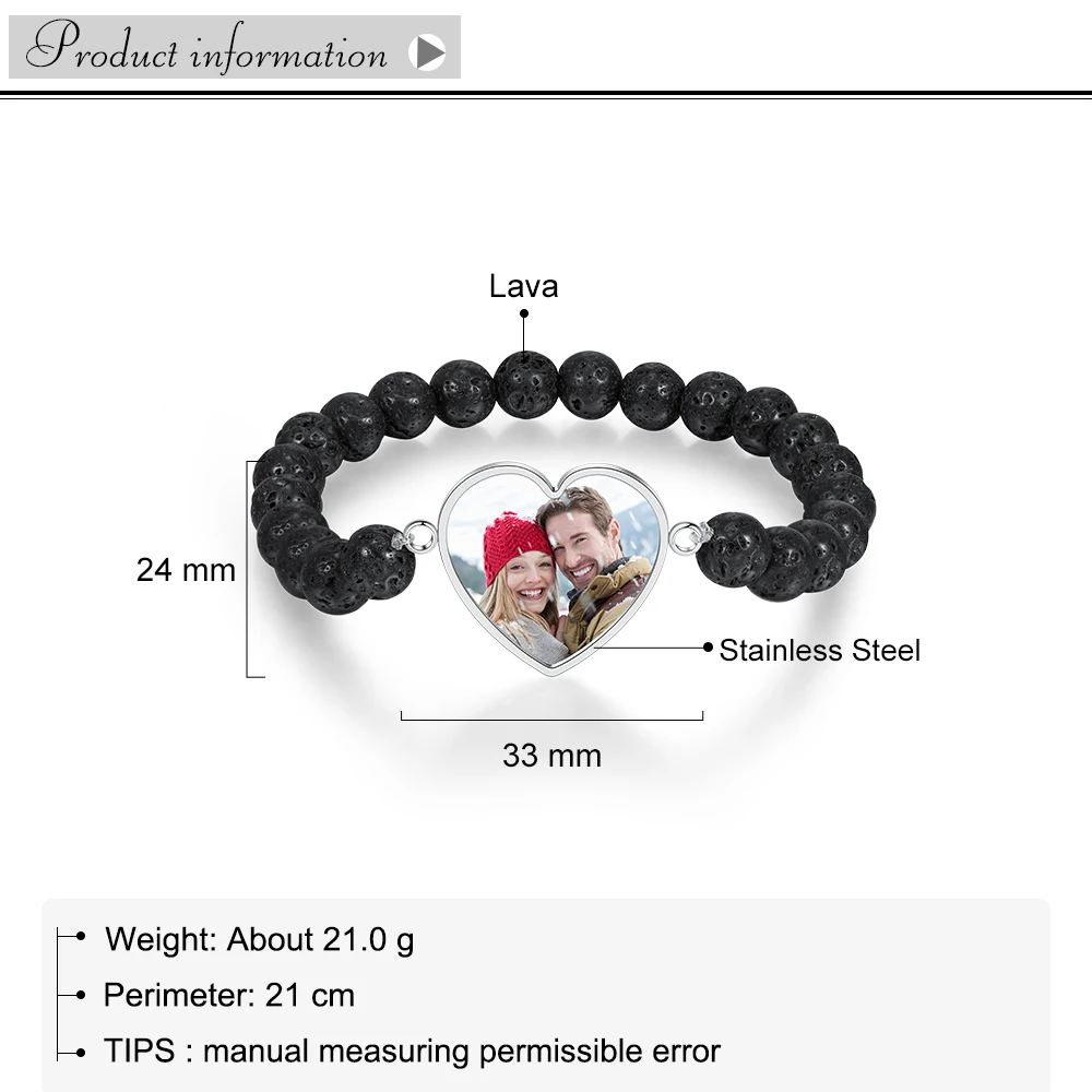 JewelOra Personalized Colorful Picture Heart Bracelets for Men Stainless Steel Custom Photo Beaded Chain Bracelet Christmas Gift