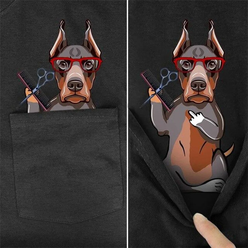 CLOOCL Black Cotton T-Shirt Pocket Cute Dachshund Middle Finger 3D Printed Tshirt Casual Shirts Funny Cottons Tee Harajuku Tops
