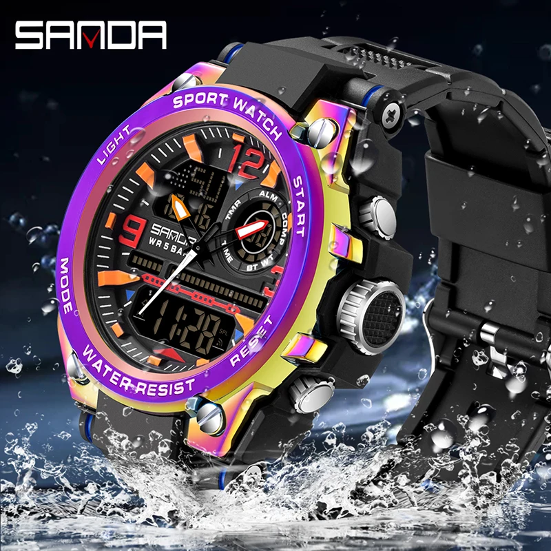 SANDA Mannen Militaire Horloge 50 m Waterdicht Horloge LED Quartz Klok Mannelijke relogios masculino Digitale Sport heren Horloges 6008