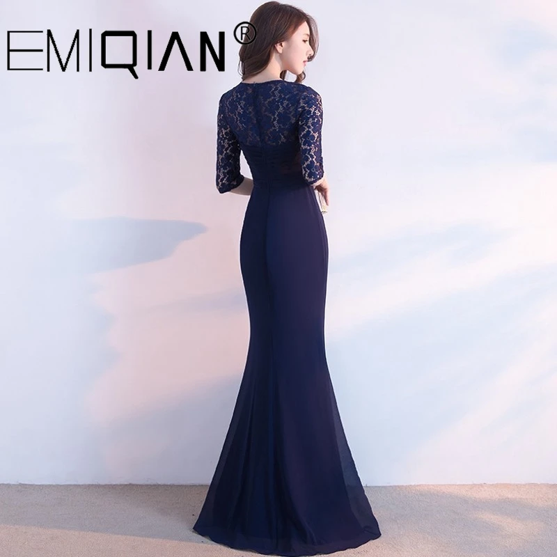 Designer Empire Mermaid Formal Prom Party Dress Half Sleeve Navy Blue Chiffon Evening Dresses Vestido de festa