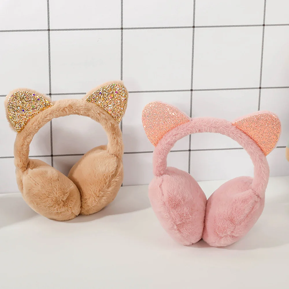 Fashion Cat Ear Plush Earmuffs Shiny Sequin Soft Earflaps Headband for Kids Boys Girls Unisex Vintage Ear-cap Winter Outdoor