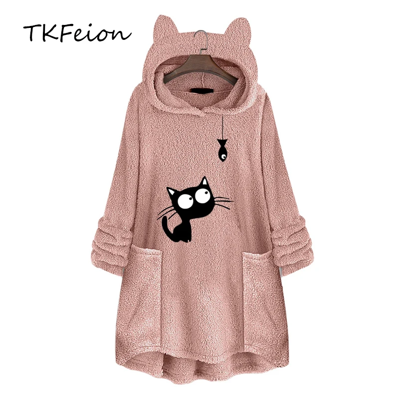 

Women Fashion Sweatshirt Plus Size 4XL 5XL Cartoon Cat Embroidered Pullover Mid-Length Female Hoodie Clothes Dress Winter Autumn