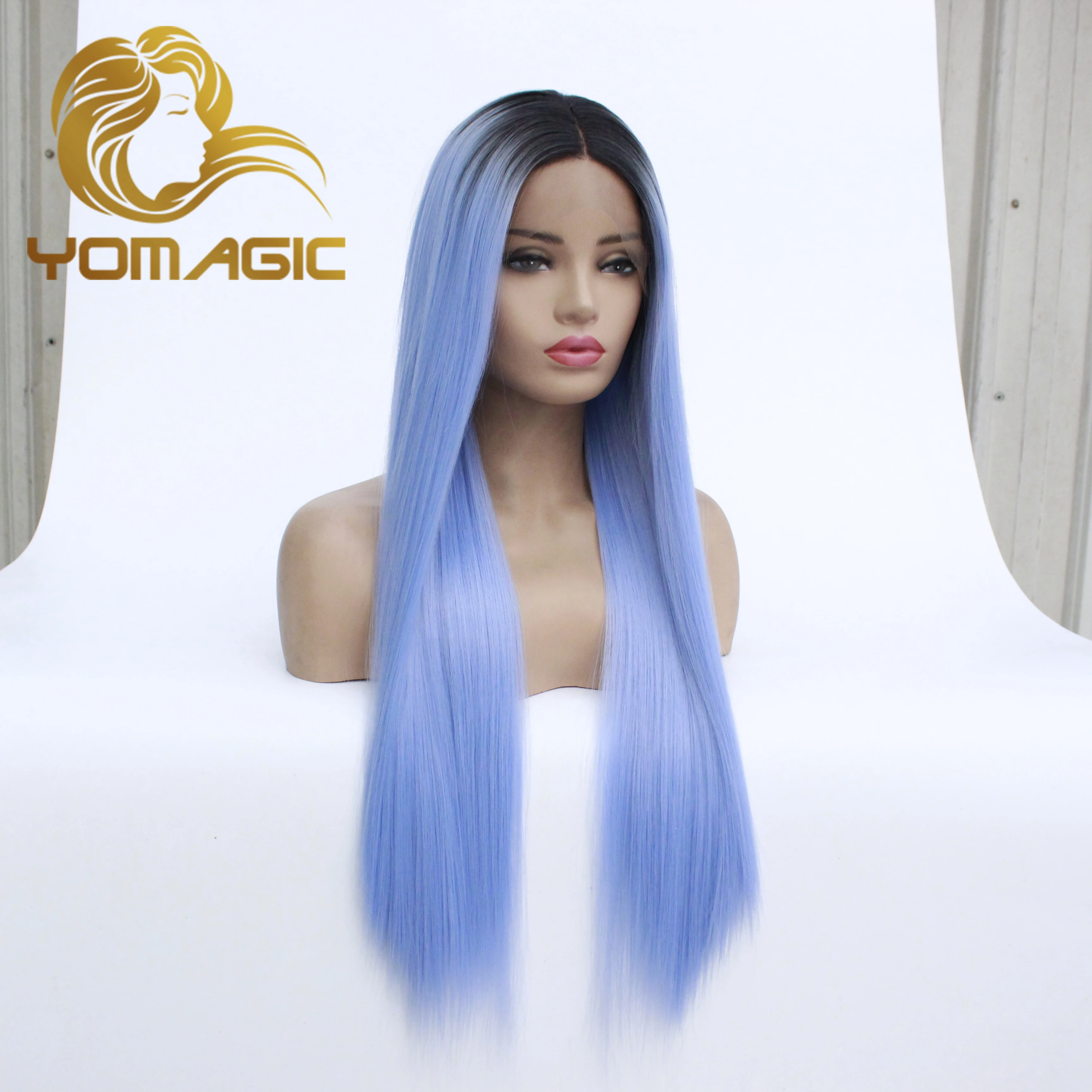 Yomagic Ombre Blue Synthetic 13X3 Lace Front Wigs With Baby Hair 1B Blue Straight Heat Resistant Lace Wigs For Women