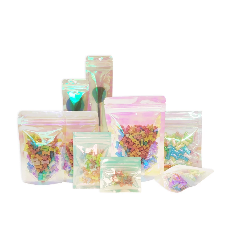 100 Pcs Iridescent Zip lock Bags Pouches Cosmetic Plastic Laser Iridescent Bags Holographic Makeup Bags Hologram Zipper Bags