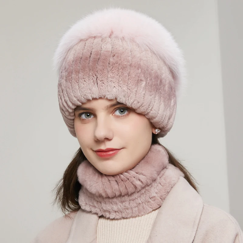 Winter Women\'s Rabbit Fur Hat Natural Fluffy Fox Cap Fashion Warm Knitted Authentic Russian Hot-Selling Style Female Cap 20HY-12