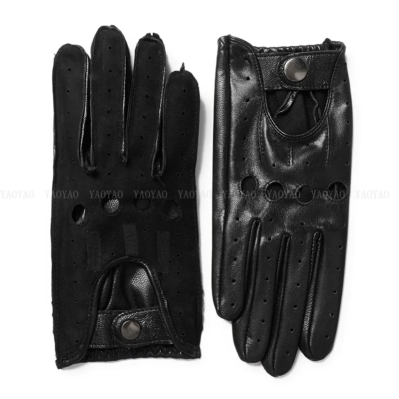 Pure Leather Glove For Men Male Top Quality Holes Locomotive Thin Mittens Elastic Wrist Red/Black/Dark Brown Driving Luva